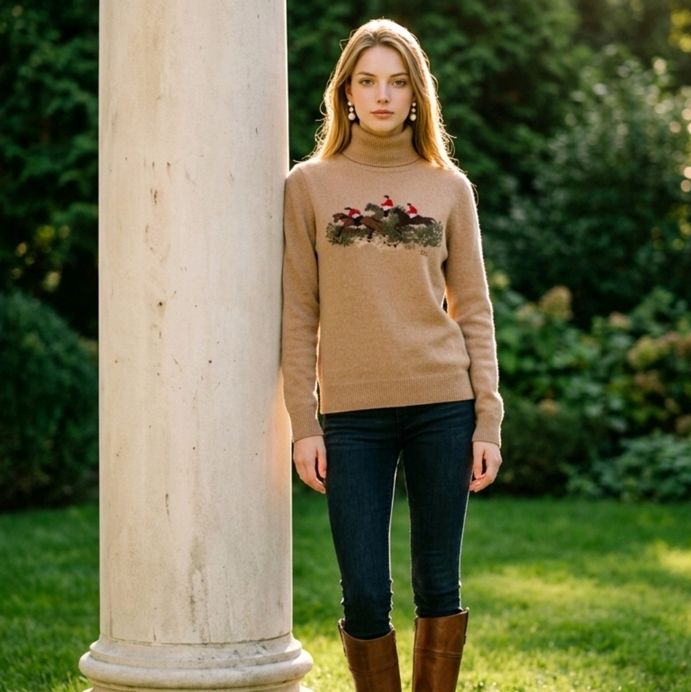 Vintage Ralph Lauren Equestrian Fox Hunt Lambswool Turtleneck Sweater Medium - Picture 2 of 16
